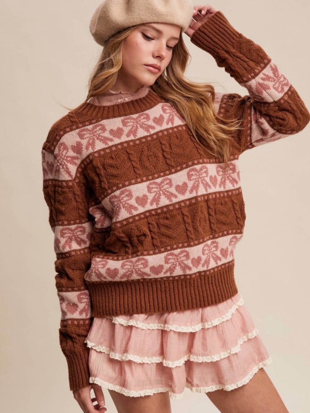 Listicle Pink and Brown Knit Pullover Sweater Featuring a Bow and Heart Design